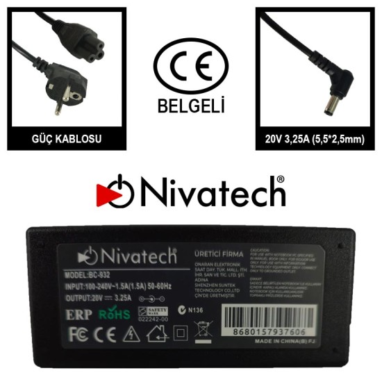 Nivatech BC 932 AC/DC LAPTOP POWER SUPPLY 20V 3,25A (5,5*2,5mm) For LENOVO