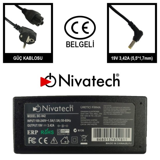 Nivatech BC 942 AC/DC LAPTOP POWER SUPPLY 19V 3,42A (5,5*1,7mm) For ACER Nivatech BC 942 AC/DC LAPTOP POWER SUPPLY 19V 3,42A (5,5*1,7mm) For ACER