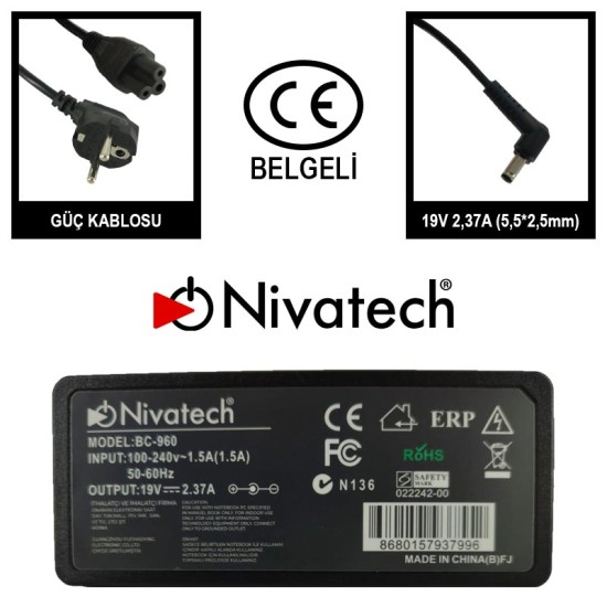 Nivatech BC 960 AC/DC LAPTOP POWER SUPPLY 19V 2,37A (5,5*2,5mm) For STANDART Nivatech BC 960 AC/DC LAPTOP POWER SUPPLY 19V 2,37A (5,5*2,5mm) For STANDART