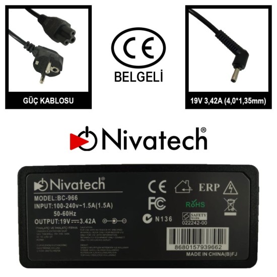 Nivatech BC 966 AC/DC LAPTOP POWER SUPPLY 19V 3,42A (4,0*1,35mm) For ASUS Nivatech BC 966 AC/DC LAPTOP POWER SUPPLY 19V 3,42A (4,0*1,35mm) For ASUS