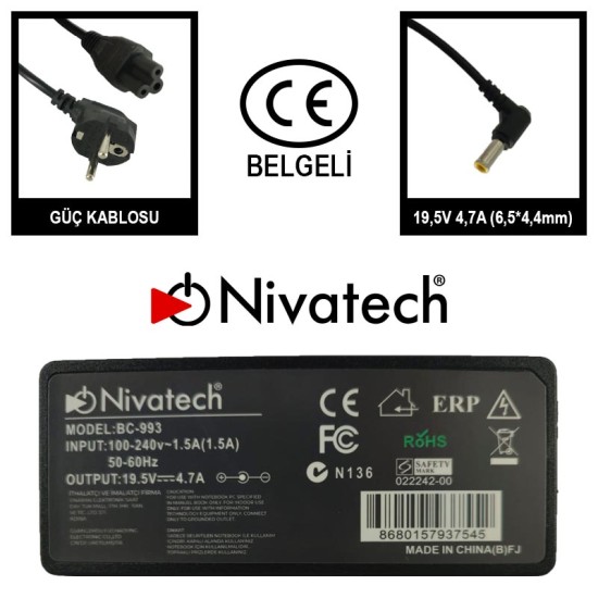 Nivatech BC 993 AC/DC LAPTOP POWER SUPPLY 19,5V 4,7A (6,5*4,4mm) For SONY Nivatech BC 993 AC/DC LAPTOP POWER SUPPLY 19,5V 4,7A (6,5*4,4mm) For SONY